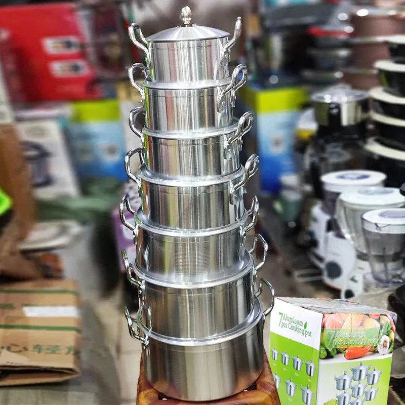 Best Selling Heavy 6.2KG Casserole Soup Pots Satin Finished Cooking Pot Cookware Set In Kitchen 14pcs Aluminum Cooking Pot Set