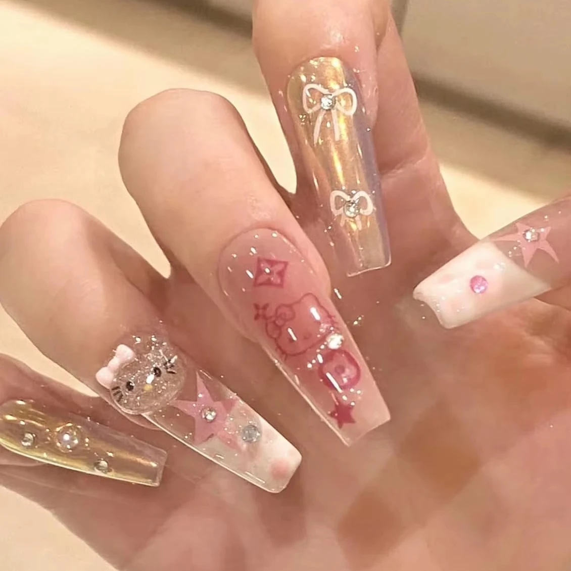 Handmade Press on Nails Long Coffin - Cartoon Fantasy 3D Cartoon Cat Design 10Pcs(S)