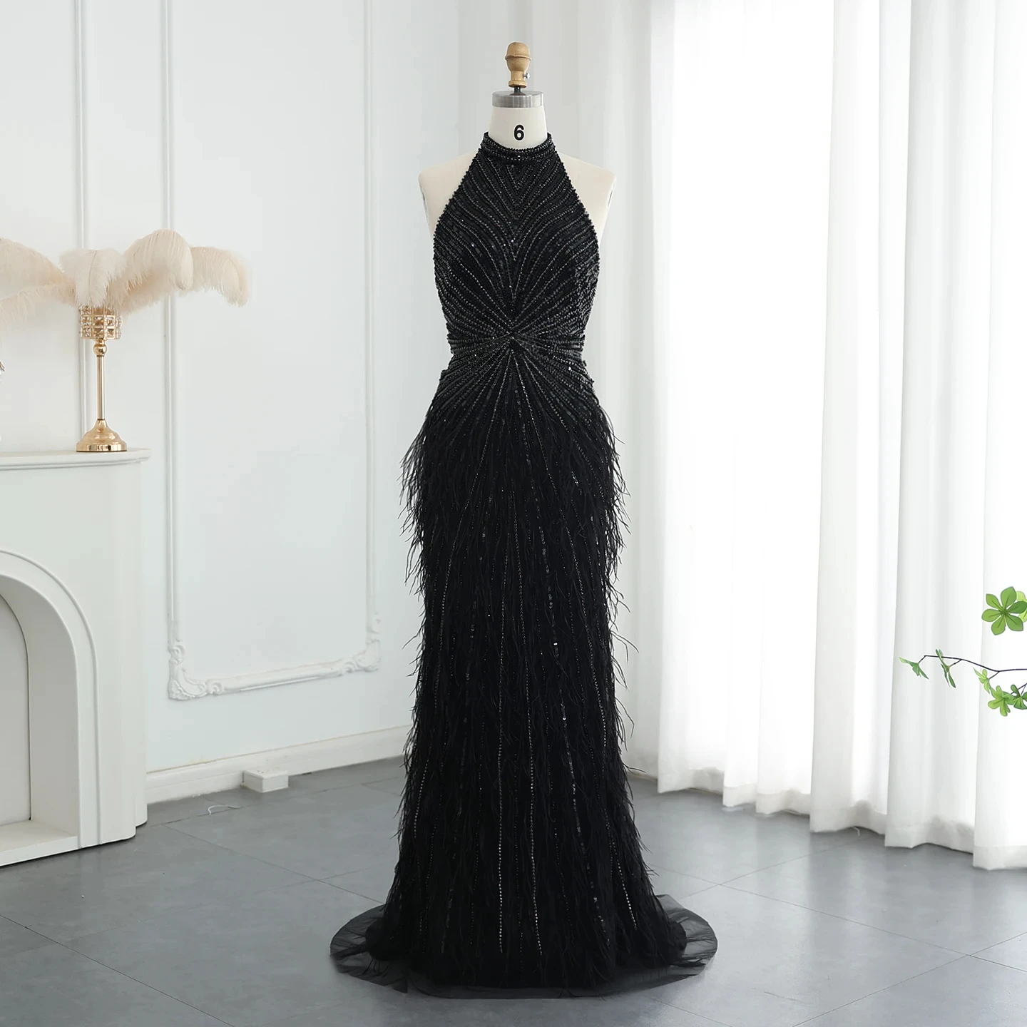 Luxury Beaded Feathers Mermaid Silver Gray Evening Dress Halter Backless Blue Beige Arabic Formal Party Gown SZ006-2