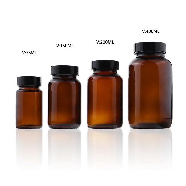 Pharmaceutical Capsule Apothecary Reagent Wide Mouth Screw Cap Amber Glass Bottle