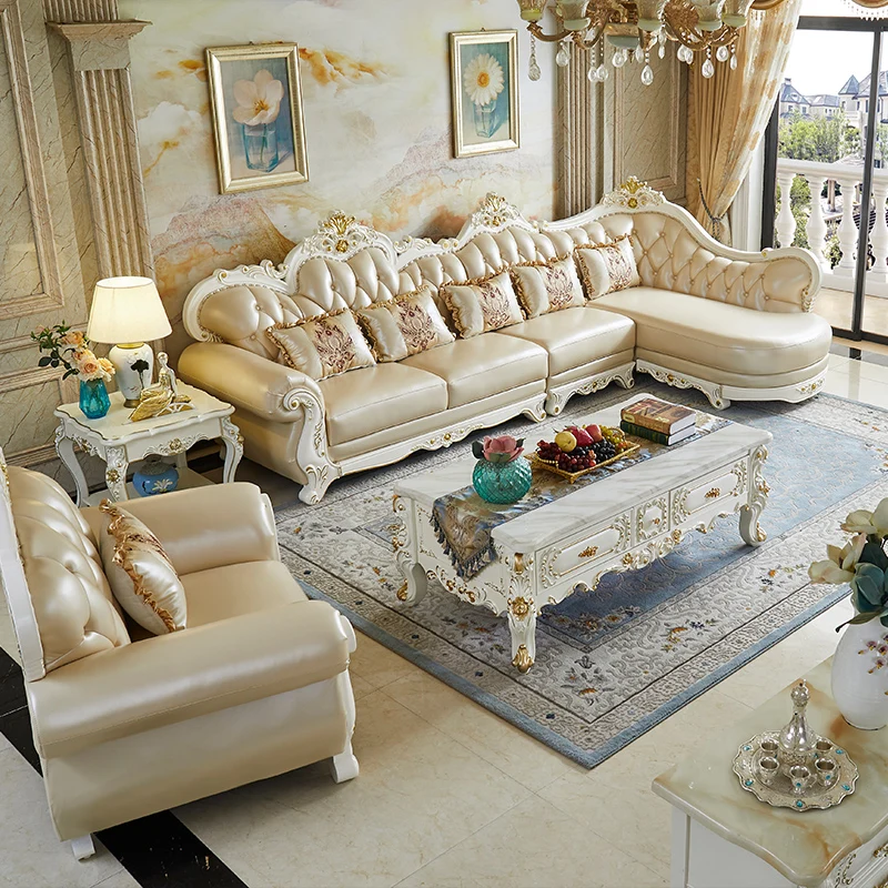 Can be a full set with European furniture combination solid wood carving frame leather sofa set