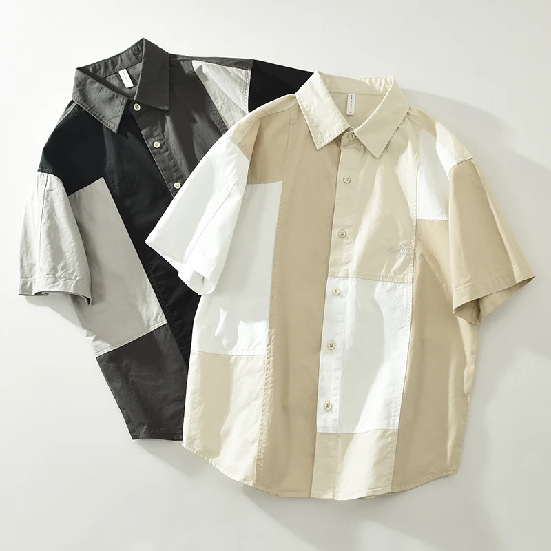 Men Vintage Patchwork Shirt Block Short Sleeve Hawaiian Shirt Button Down Casual Hippie Tops