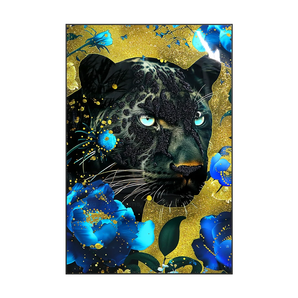 Home Decor Black Gold Animal Painting Cheetah poster Wall Art Crystal porcelain 3D gold leaf diamond painting