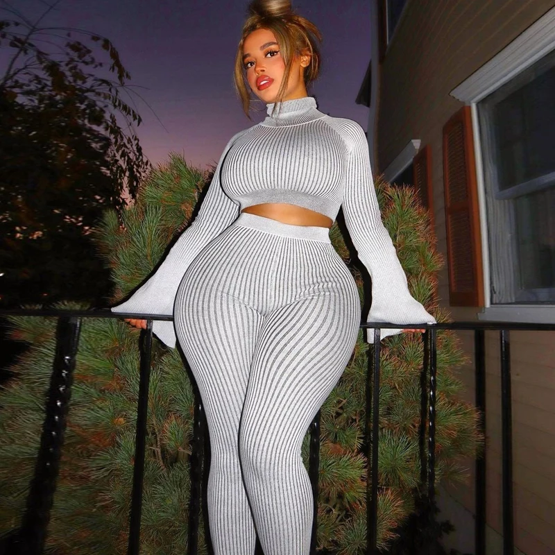 Two Piece Set Black Two Piece Set Top And Pants Long Sleeve Crop Top Solid Color Women Outfits