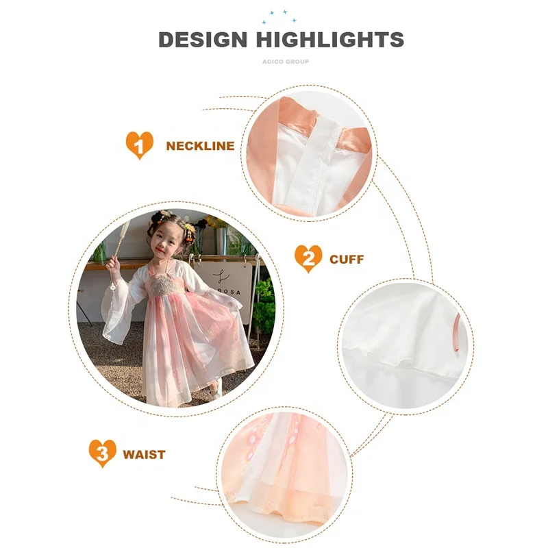 Wholesale Chiffon Toddler Kids Little Girls Traditional Chinese Hanfu Costume Elegant Ancient Tang Long Dress with Zipper Back