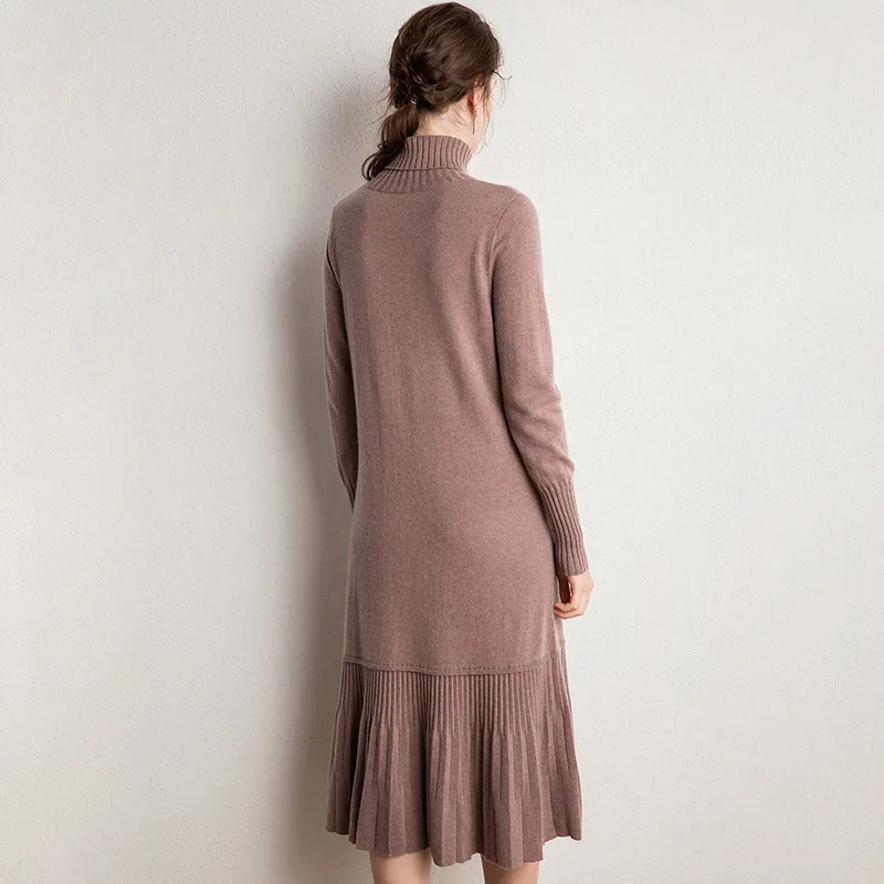 2022 New Autumn Warm Fashion Women Long Turtleneck 100% Wool Cashmere Dress Ladies