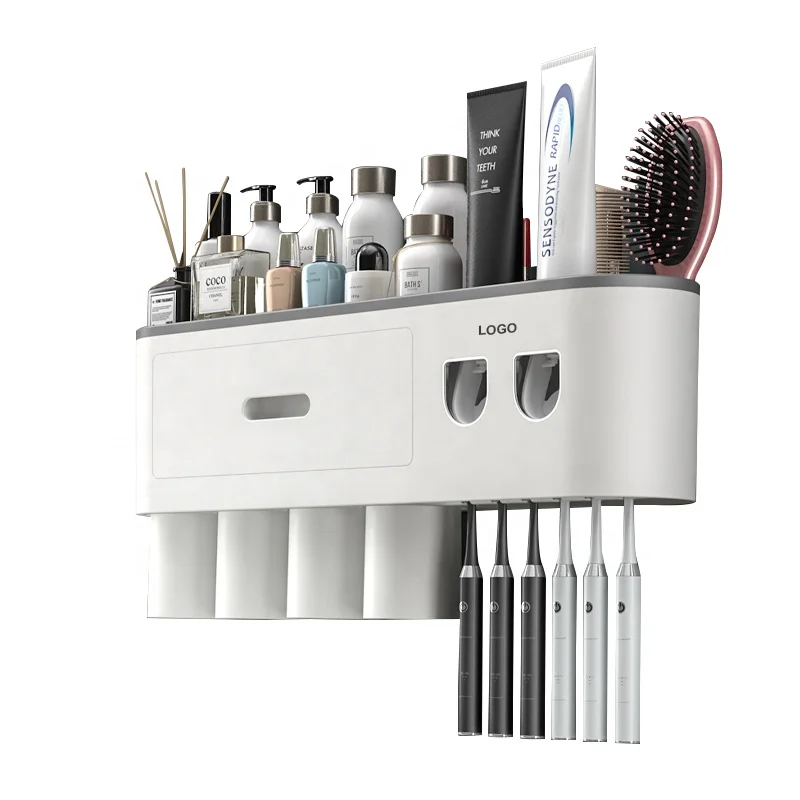 Toothbrush Holder Double Automatic Toothpaste Dispenser Magnetic Adsorption Inverted Cup Storage Rack Bathroom Accessories