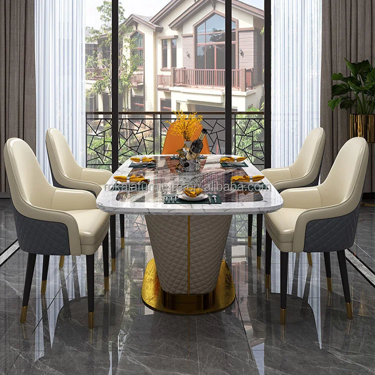 Classical Dining Table Set Modern Dining Room Furniture Leather Leg Rectangle Or Circle Marble Slate Top Dinning Table Chairs