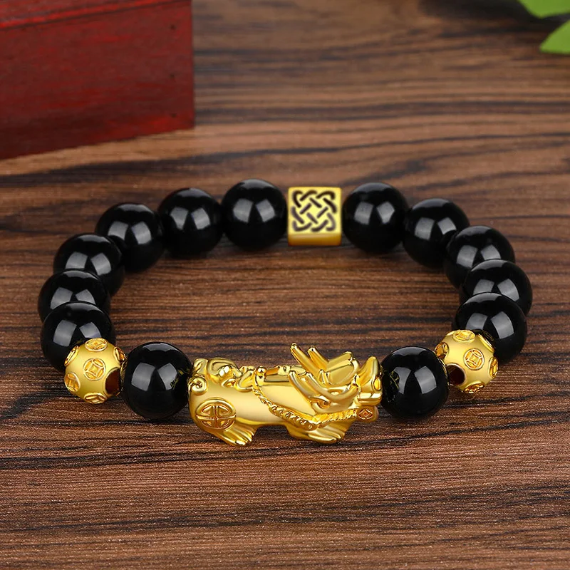 HP Vietnam sand gold Pixiu bracelet gold obsidian six words of truth beads bracelet for Buddhist prayers