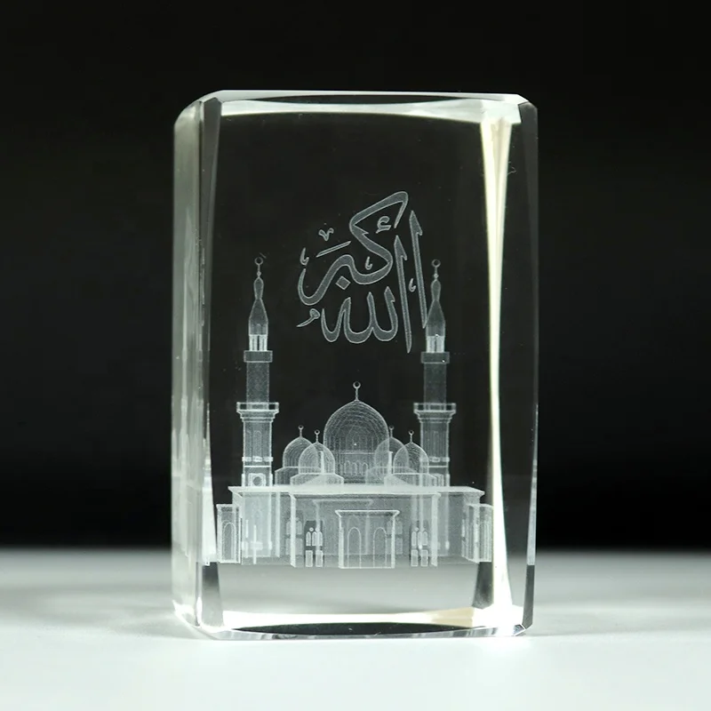 Custom 3D Laser Engraved Islamic Masjid Nabawi Allah Crystal Glass Building Model Cube For Muslim Wedding Souvenir Guest Gifts