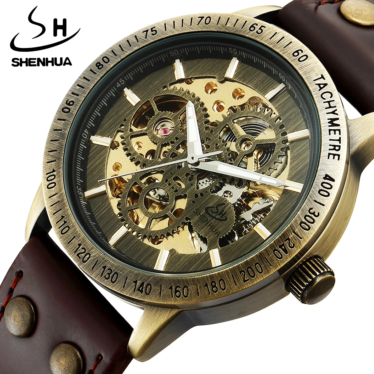 SHENHUA Waterproof Mens Vintage Number Bezel Design Bronze Dial Black Brown Leather Automatic Mechanical Wrist Watches
