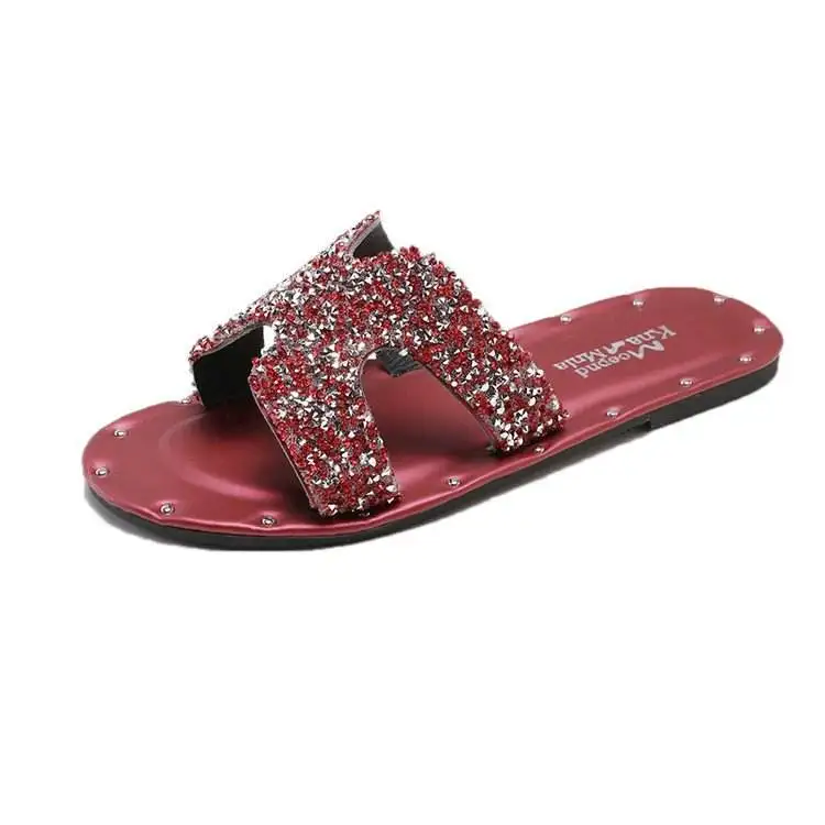 Summer Slip-On Colorful Shoes Sandals Slipper Slides Girls Womens Ladies Flat  Rhinestone Sandals