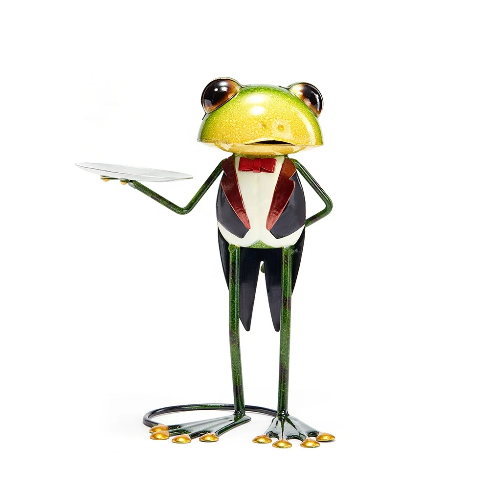 Modern Home Decor Green Waiter Frog Figurine Metal Gentleman Frog Sculpture with Serving Tray For Garden Decor