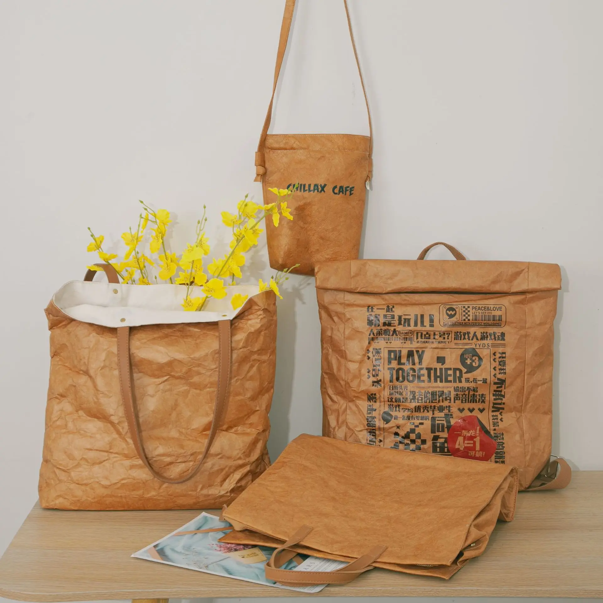 Wholesale Reusable Custom Logo Printed Waterproof Washable Plain Brown Kraft Dupont Tyvek Paper Packaging Shopping Tote Bag