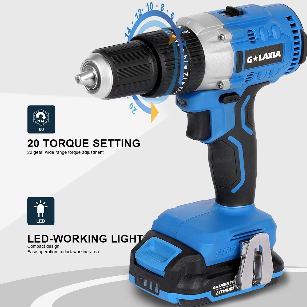 20V Li-Ion Brushless 13mm keyless chuck double speed impact drill with built-in LED worklight