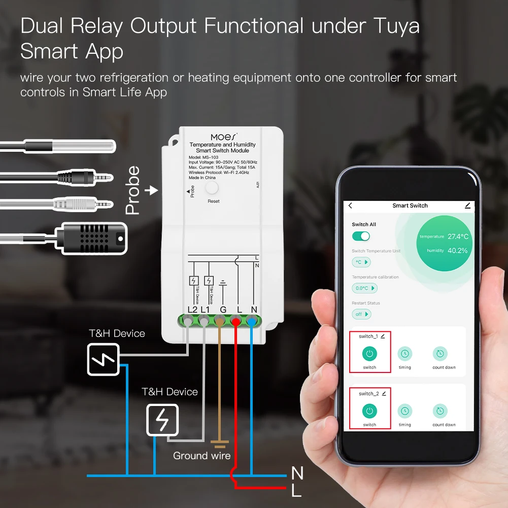 Tuya WiFi Smart Temperature Humidity Switch Module Sensor Dual way Output Relay Smart Life App Wireless Controller Alexa Google