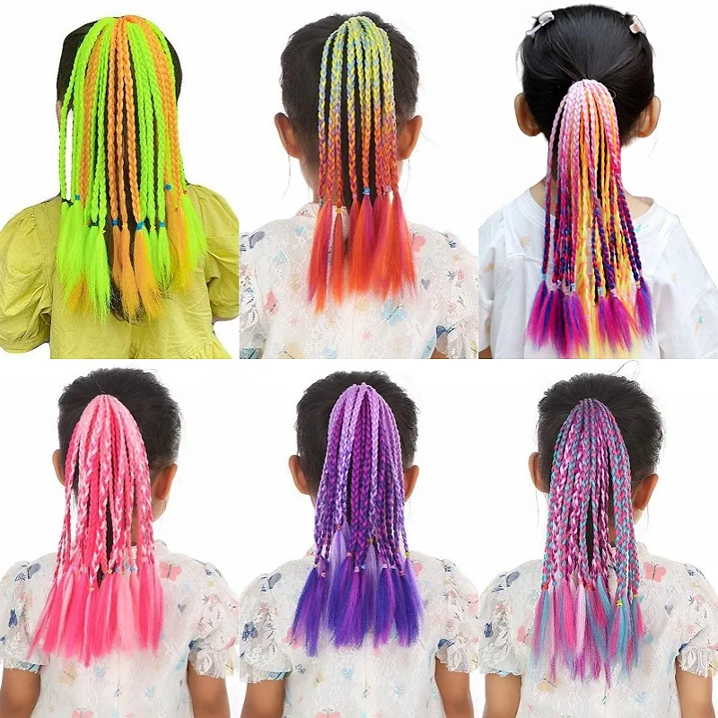 Wholesale Fashion Dirty Braiding Hair Colorful High Temperature Fibre Braided Wigs Princess Shape Ponytails For Kids