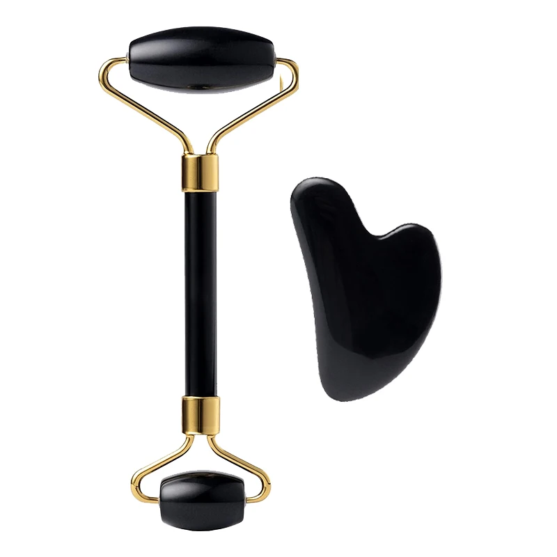 Custom Logo Jade Roller and Gua Sha Set Natural Green Pink White Black Blue Jade Roller Guasha set Rose Quartz Steel Facial Tool