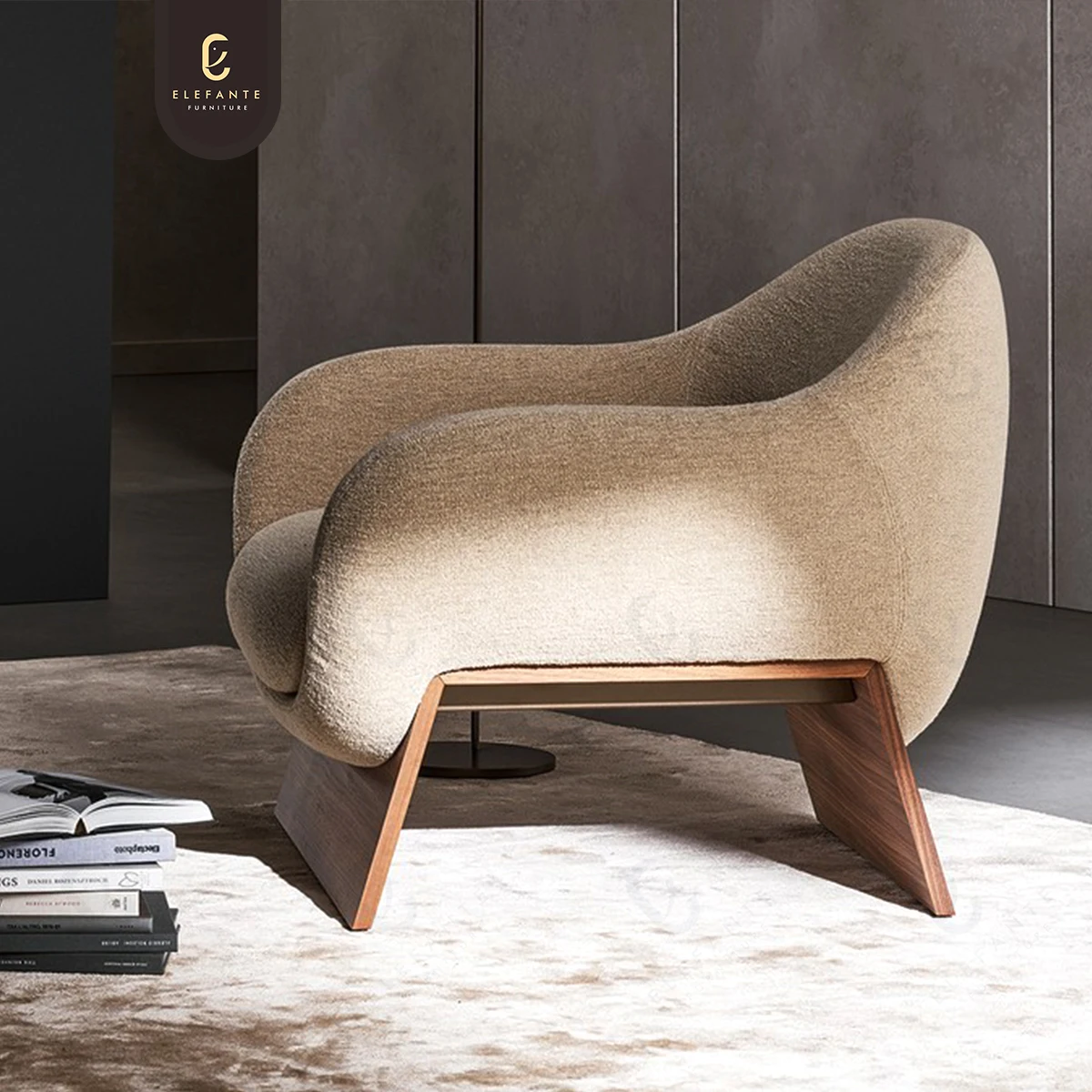 High Quality Nordic Modern Solid Wood Fabric Single Leisure Chair White Boucle Fabric Sofa Chair For Villa Living Room Furniture