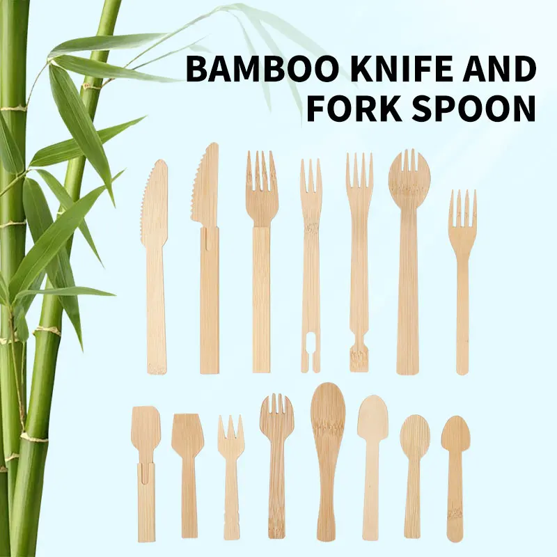 Factory Custom Logo Printed Wholesale Plastic-free Compostable Bamboo Fork Spoon Knife Disposable bamboo wooden cutlery