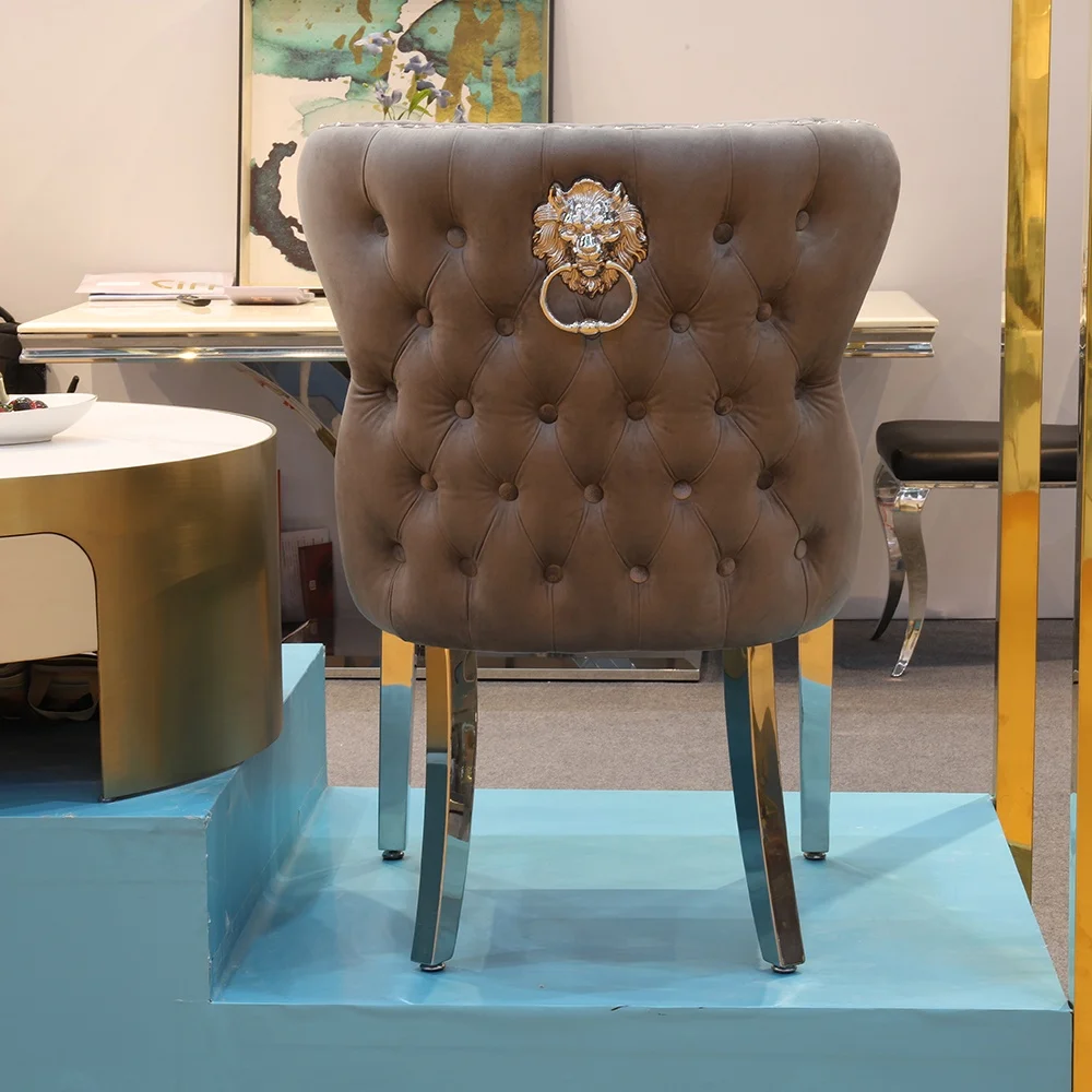 luxury lion knocker dinning chair sets modern silver stainless steel velvet fabric dining room chairs