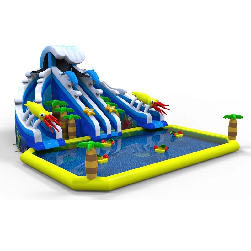 Tropical Theme Amusement Playground Sea Dolphin Palm Tree Inflatable Water Slide Aqua Park with Swimming Pool