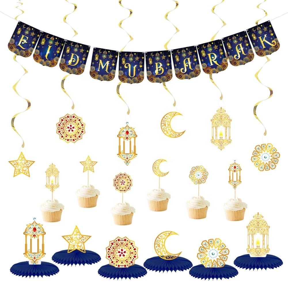 UMISS New Design EID MUBARAK Banner Moon Stars Cake Topper Hanging Swirls for Home Party Ramadan Event Decor Party