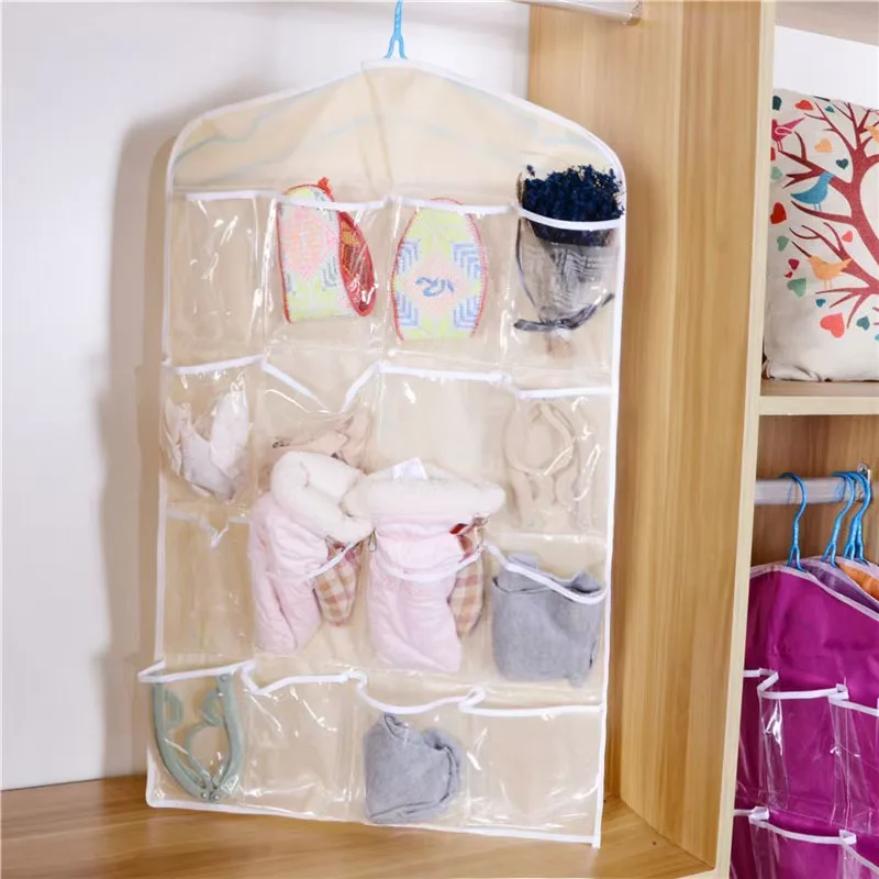 16 Pockets Clear Hanging Bag Socks Bra Underwear Rack Hanger Storage Organizer Underwear storage bag For Bathroom Living Room