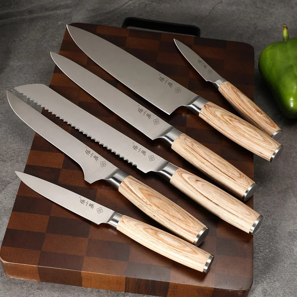 Hot Sale Custom Logo 5 Pcs Acacia Wood Handle Kitchen Knife Sets Stainless Steel Knife Set
