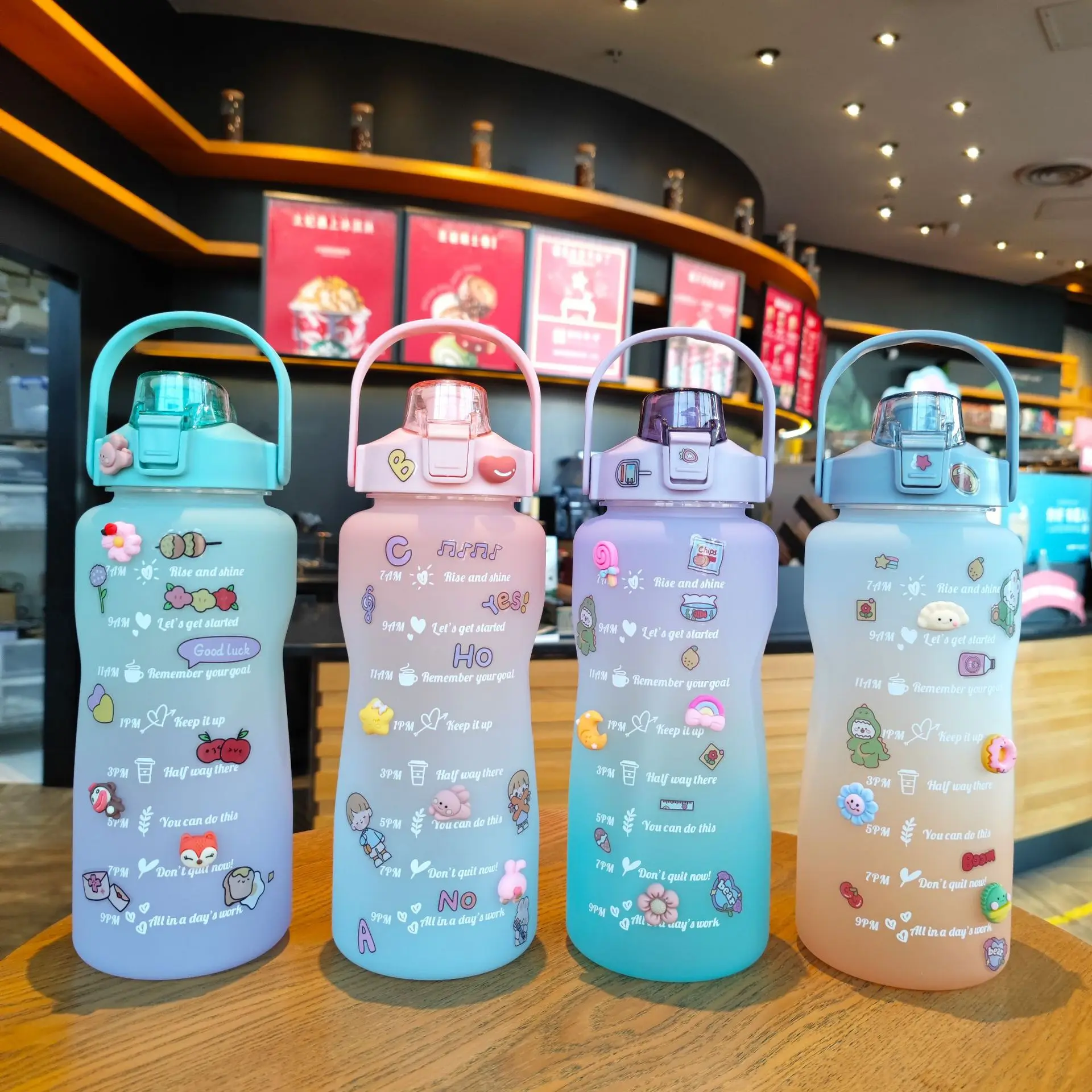 Big Capacity BPA Free Gradient 2 L Liter Drinkware Water Jug Sports Motivational Water Bottle With Sticker Time Marker Straw