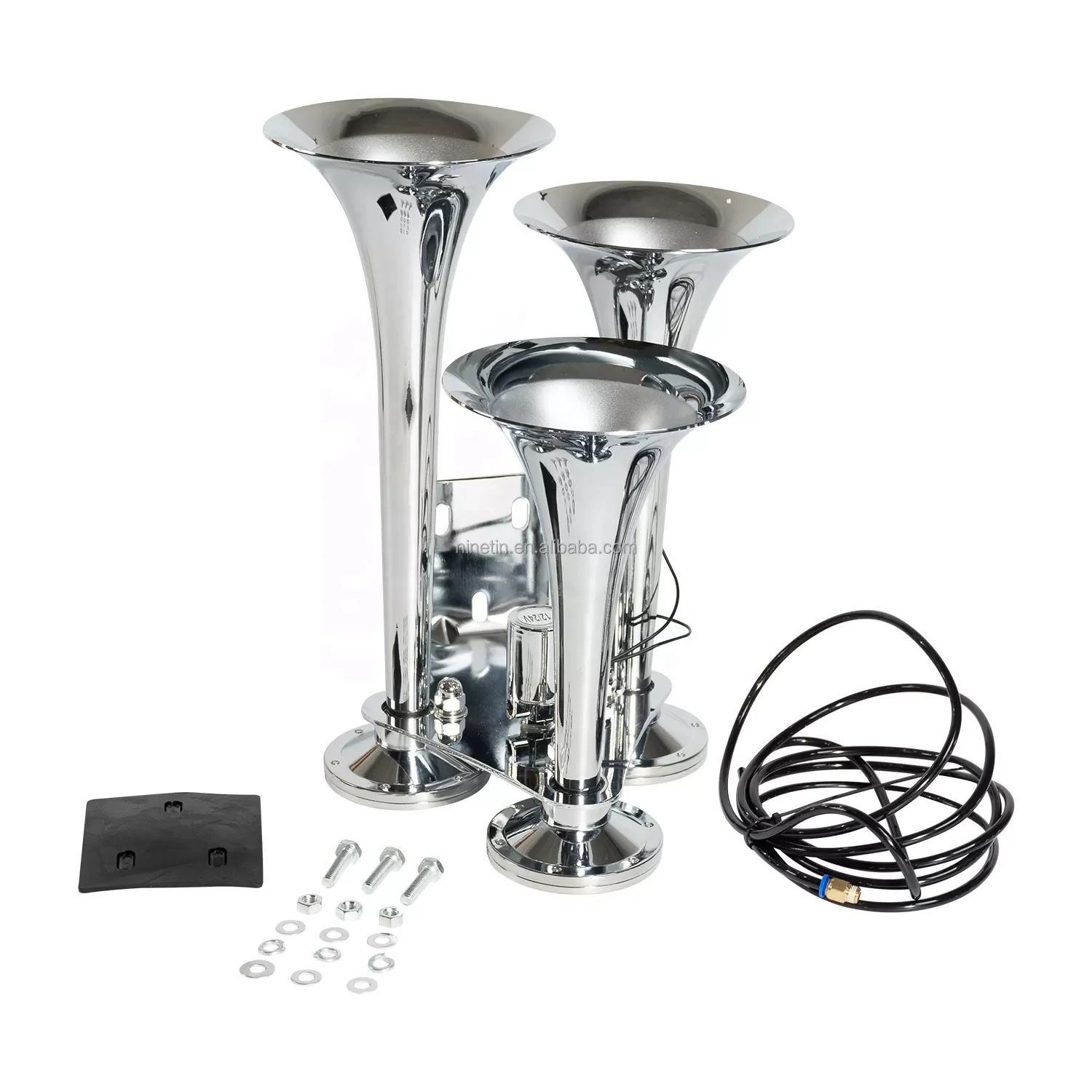 Ninetin Truxpro Chrome Three Trumpet Triple 12 volt Solenoid Valve Train Truck Air Horn Kit for Universal Fitting