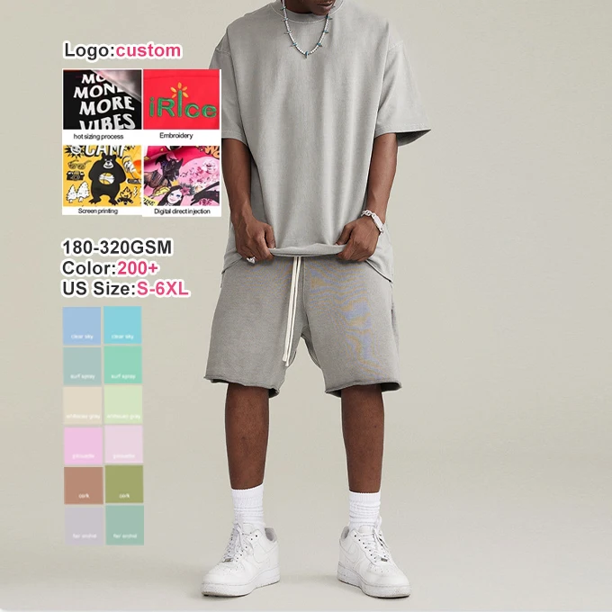 Летняя уличная одежда мужские повседневные шорты комплект из 320 г французская махровая футболка однотонный спортивный костюм Мужская брендовая комплекты 2 предметов