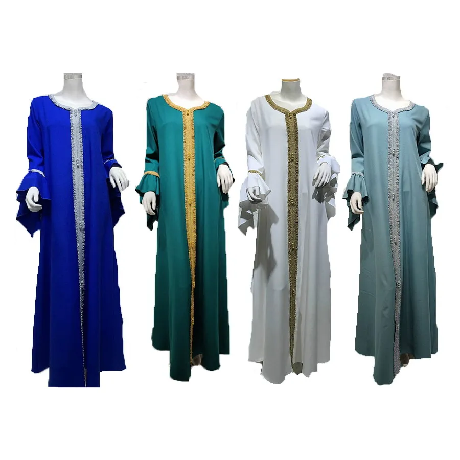 Foma AB027 malay Indonesian islamic clothing lady dresses flounce bell sleeve embroidered long maxi dress jalabiya for women