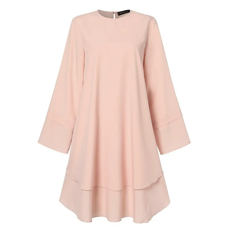 New two-layer design shirt round neck Solid color elegant Holiday party top Turkish Malay Indonesian Muslim Toga robe abaya