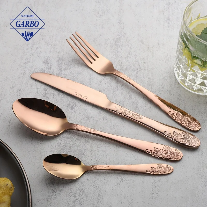 Factory cheap 13/0 customized PVD rose gold stainless steel cutlery flatware set with embossed bloom flower pattern gift box