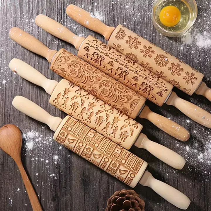 Diy Manual Christmas Elk Snowflake Pattern Baking Tool Engraved Embossed Olive Wood Rolling Pin For Kitchen And Home