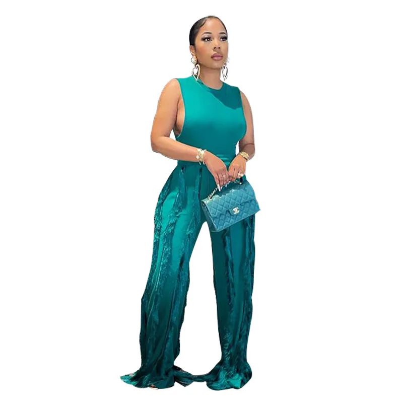 Summer solid sleeveless lace up vest and long pants plus size 5XL 2 piece set fringed women wide leg pants two piece set