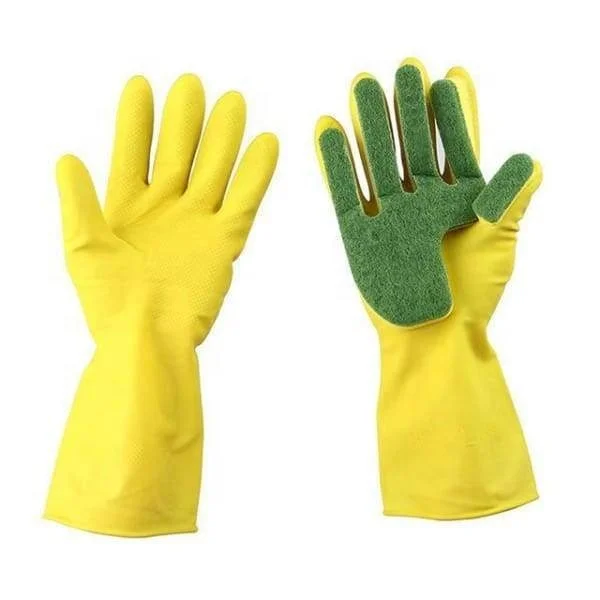 Reusable Household Cleaning Rubber Gloves Kitchen Dish Washing Cleaning Glove With Scouring Pad