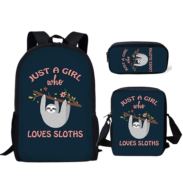 OEM Custom Logo Sloth Printed Kids School Backpack Bags With Pencil Bag 3 Set School Bag Accessories Color Printing