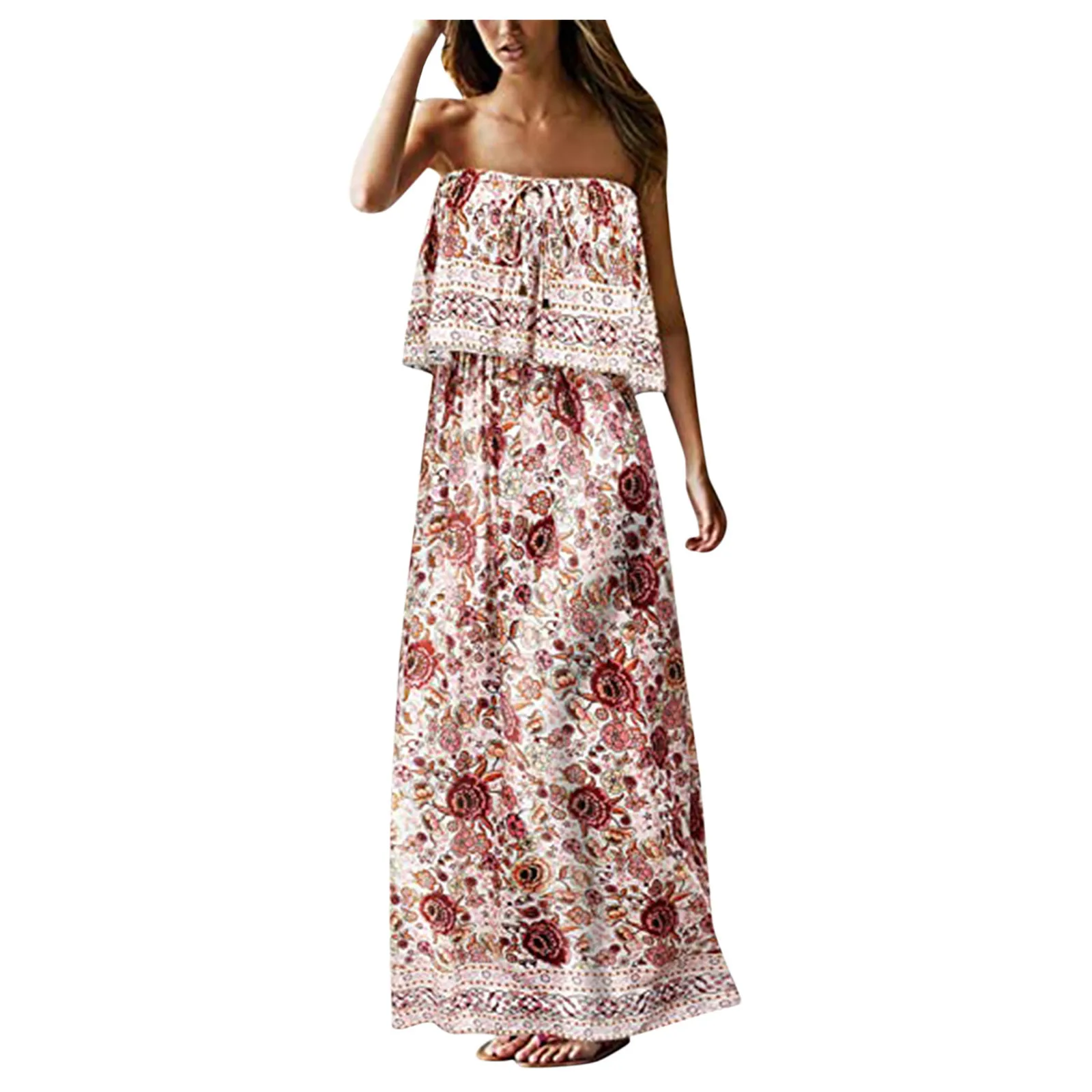 2021Summer new strapless vintage floral print dress bohemian beach dress