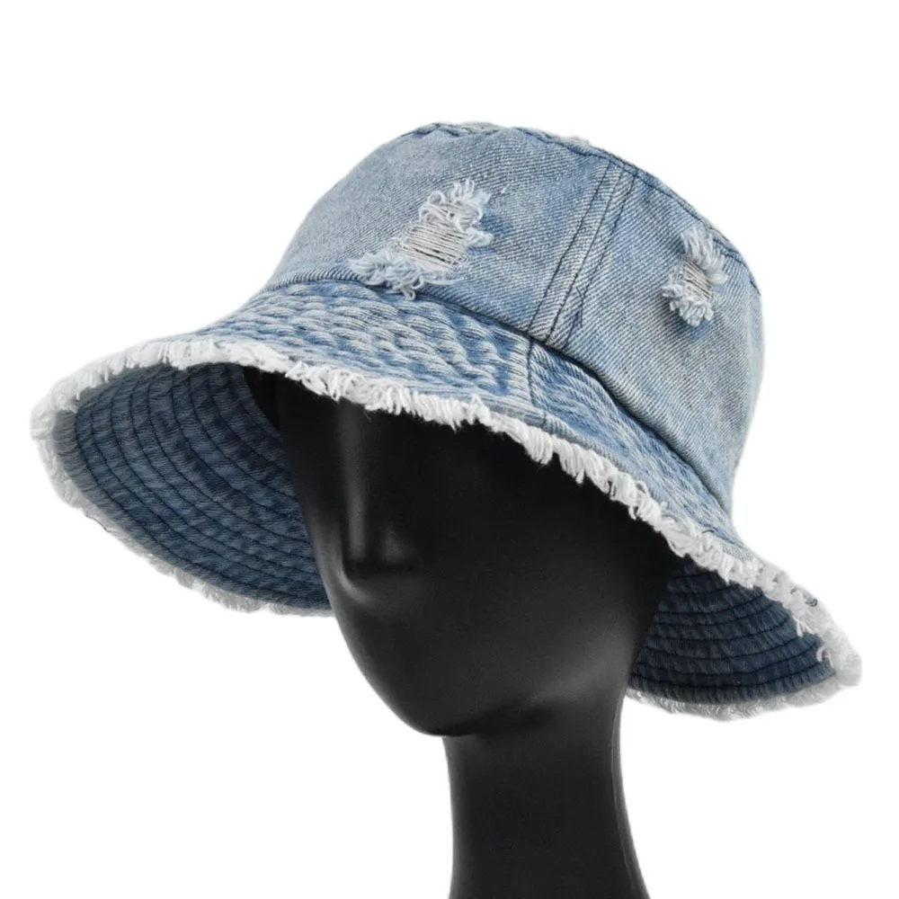 Custom Logo Frayed Brim Washed Cotton Fishing Cap Breathable Summer Sun Hats Women Vintage Denim Bucket Hat