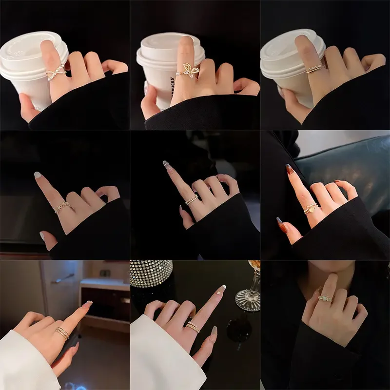 Fashion Hollow out Multilayer Ring Zircon Love Pearl Gold Ring Simple Adjustable Opening Jewelry Accessories Gift