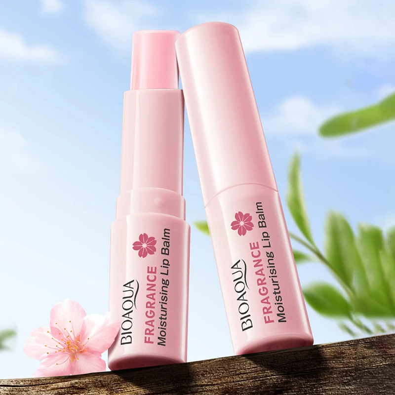 Hot Selling OEM BIOAQUA Organic Cherry Blossom Scented Lip Balm Wholesale Vitamin C Moisturizing Nourish Cute Lip Balm Stick