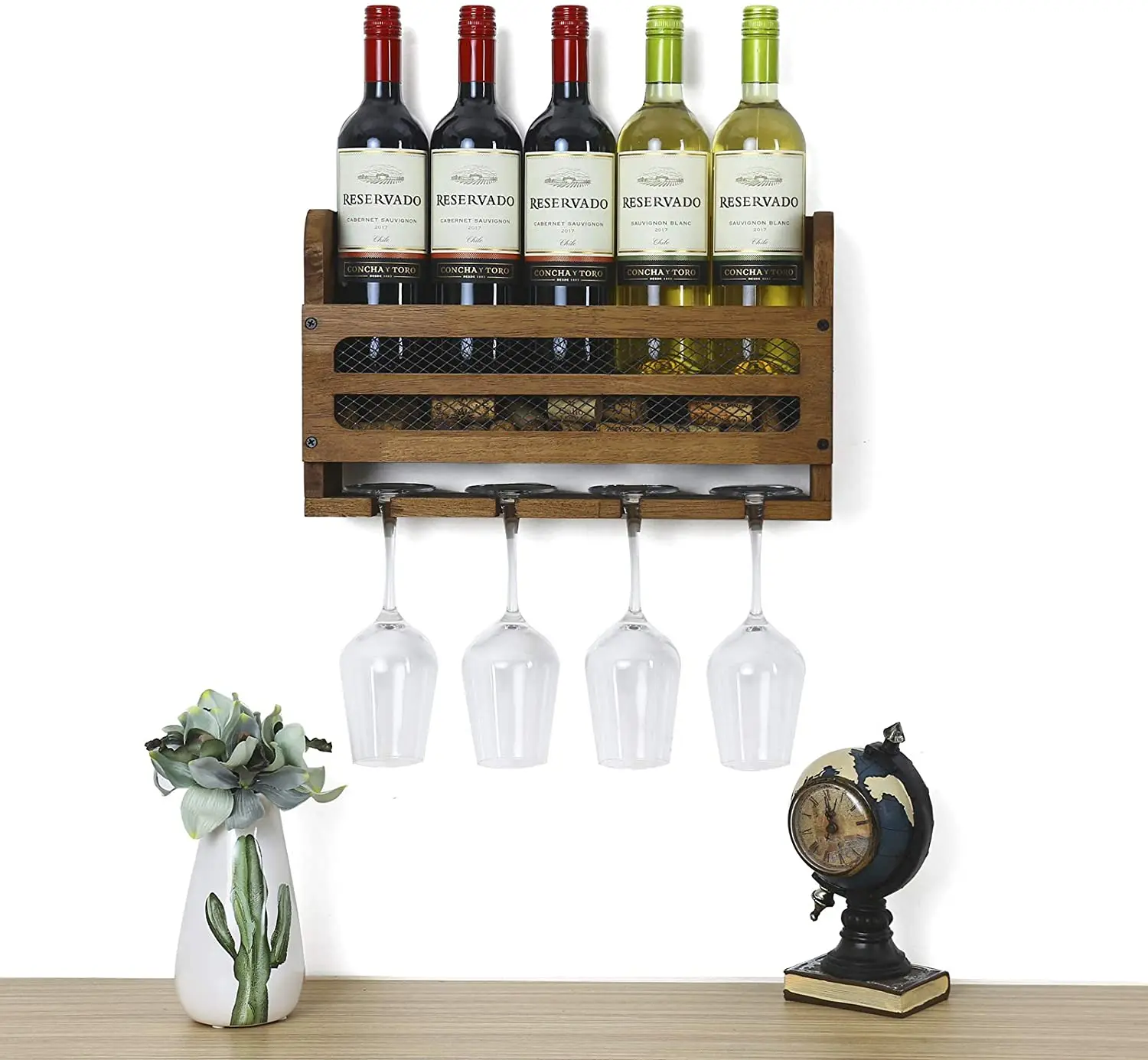 
Wall Mounted Wooden Wine Rack 5 Wine Bottles and 4 Stem Glasses Holder Wine Cork Storage Rack Walnut Brown 