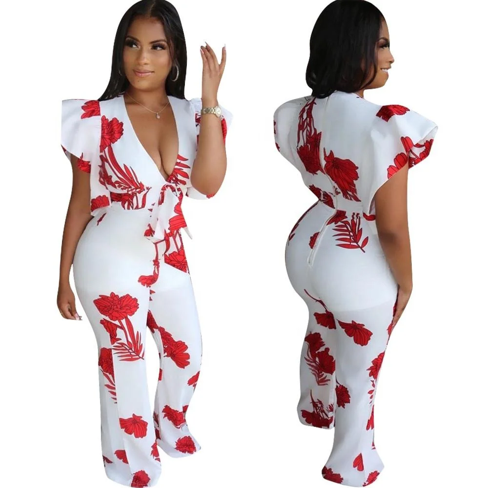 Deep V Wide Leg Pants Jumpsuits Print 2023 New for Women Women Clothing Summer Customized Logo Woven Picture YARN DYED Skinny
