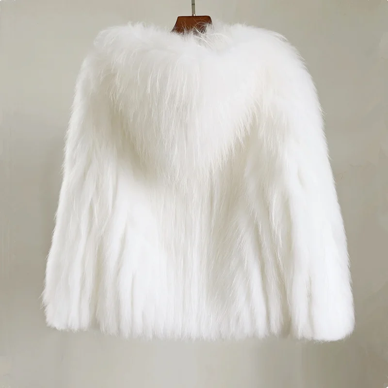 
Wholesale Woman Winter Fox Fur Coat Hooded Knitted Fur Jacket 
