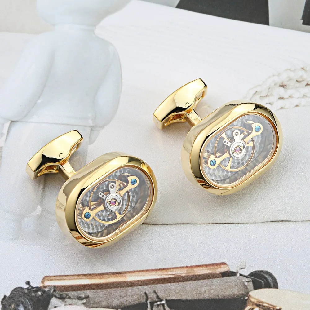 OB Jewelry-Hot Sale Movement Steel Ellipse Tourbillon Cufflinks For Mens Wedding Groom Mechanical Watch Steampunk Gear Cuff link