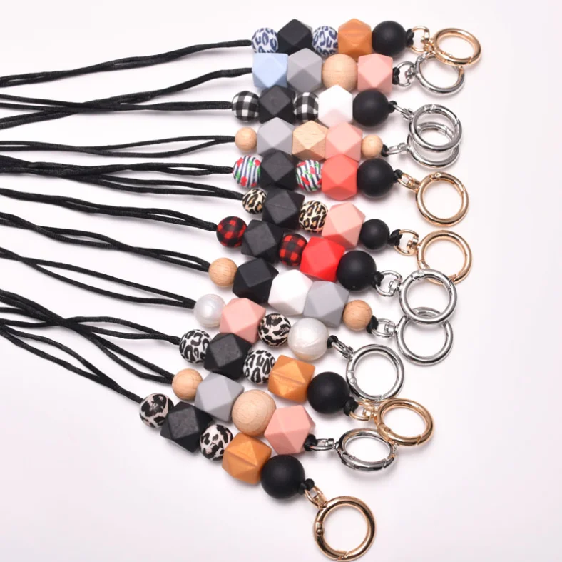 Leopard Print Silicone Round Bead Keychain Long Rope Hanging White K Hanging Card Black Lanyard