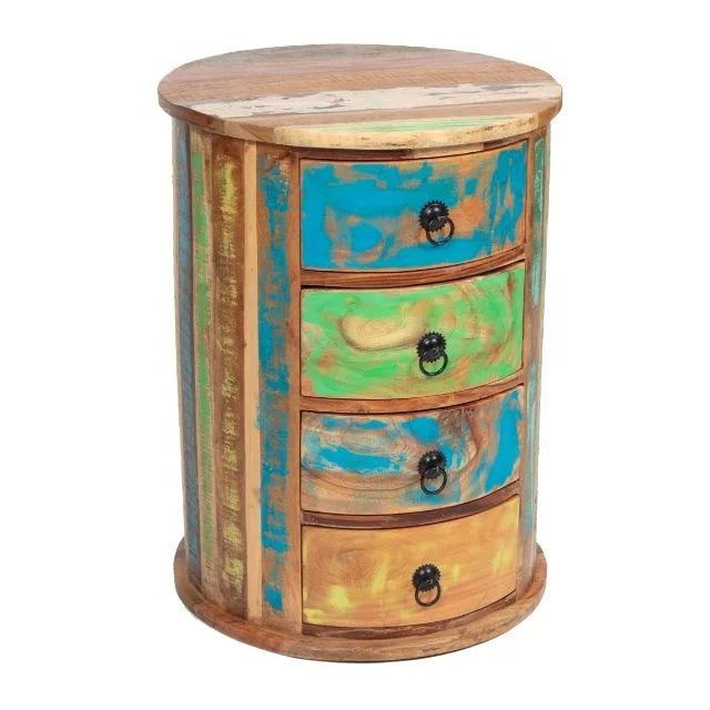 Reclaimed 4 Drawer Corner Table, Vintage Beautiful Solid Wood Round Side table With Drawers, Telephone table