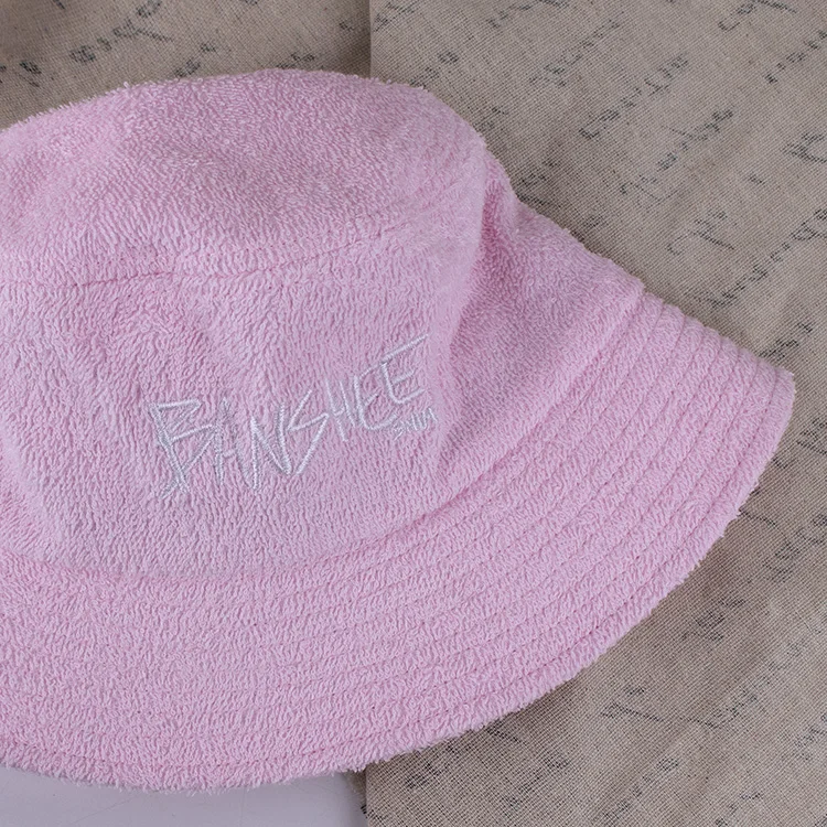 Qianzun bulk order adult pink custom embroidery logo terry towel cloth bucket hat